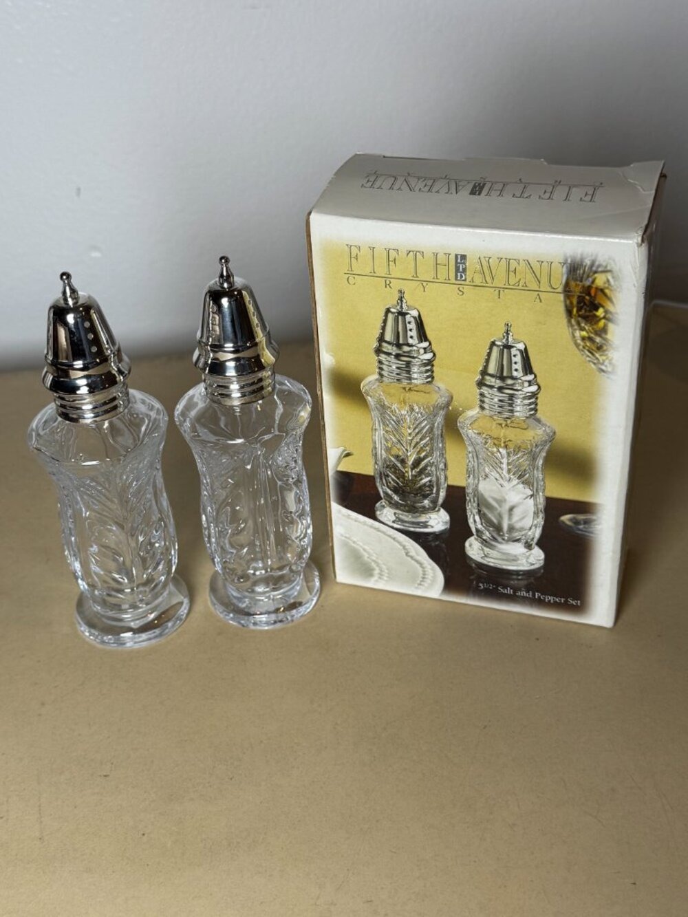 Vintage Fifth Avenue Portico Crystal Salt Pepper Set New In Box '90's